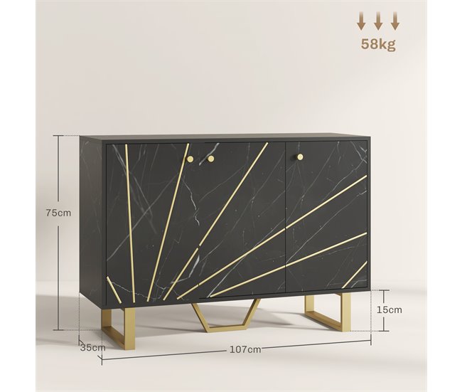 Conforama HOMCOM Aparador Moderno Aparador De Salón Con 2 Puertas Y Estante Ajustable Mueble Auxiliar Para Salón Con Efecto Mármol Antivuelco 107x35x75 Cm Negro Y Dorado