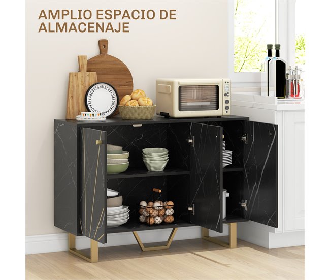 Conforama HOMCOM Aparador Moderno Aparador De Salón Con 2 Puertas Y Estante Ajustable Mueble Auxiliar Para Salón Con Efecto Mármol Antivuelco 107x35x75 Cm Negro Y Dorado