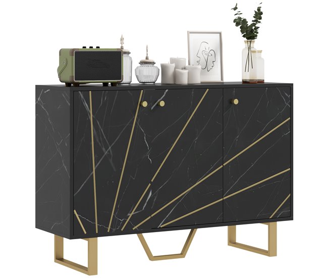 Conforama HOMCOM Aparador Moderno Aparador de Salón con 2 Puertas y Estante Ajustable Mueble Auxiliar para Salón con Efecto Mármol Antivuelco 107x35x75 cm Negro y Dorado