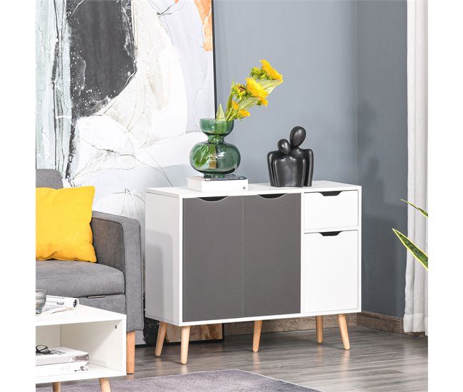 Conforama HOMCOM Aparador Moderno Aparador Para Salón Con 3 Puertas Y Cajón Mueble Auxiliar Para Salón Cocina Dormitorio 90x30x72 Cm Blanco Y Gris