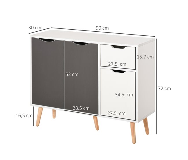 Conforama HOMCOM Aparador Moderno Aparador Para Salón Con 3 Puertas Y Cajón Mueble Auxiliar Para Salón Cocina Dormitorio 90x30x72 Cm Blanco Y Gris