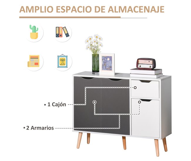 Conforama HOMCOM Aparador Moderno Aparador Para Salón Con 3 Puertas Y Cajón Mueble Auxiliar Para Salón Cocina Dormitorio 90x30x72 Cm Blanco Y Gris