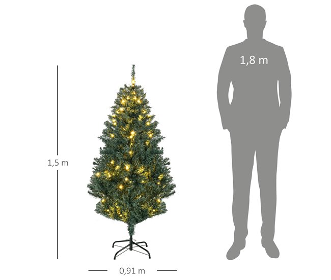Conforama HOMCOM Árbol De Navidad Artificial 150 Cm Con 100 Luces LED Con 8 Modos De Iluminación Árbol De Navideño Con 472 Ramas Y 80 Decoraciones Árbol Automático Acero Ø91x150 Cm Verde