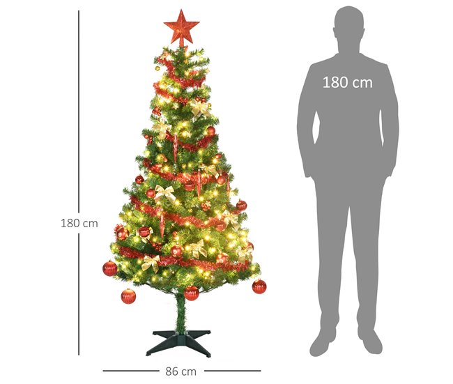 Conforama HOMCOM Árbol De Navidad Artificial 180 Cm Con 150 Luces LED Con 8 Modos De Iluminación Árbol De Navideño De 480 Ramas Con 100 Decoraciones Soporte De Acero Ø86x180 Cm Verde