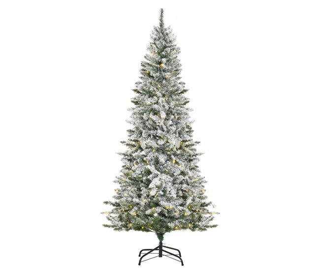 Conforama HOMCOM Árbol de Navidad Artificial con 250 Luces LED 210 cm Árbol Nevado con 829 Ramas y Base Plegable de Metal Decoración Navideña para Interiores Ø112x210 cm Verde