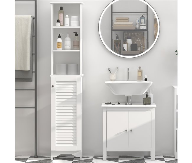 Conforama HOMCOM Armario Alto De Baño Con 1 Puerta 3 Estantes Abiertos Y Balda Interior Ajustable Mueble Auxiliar De Almacenaje Para Salón Aseo Dormitorio 34x20x165 Cm Blanco