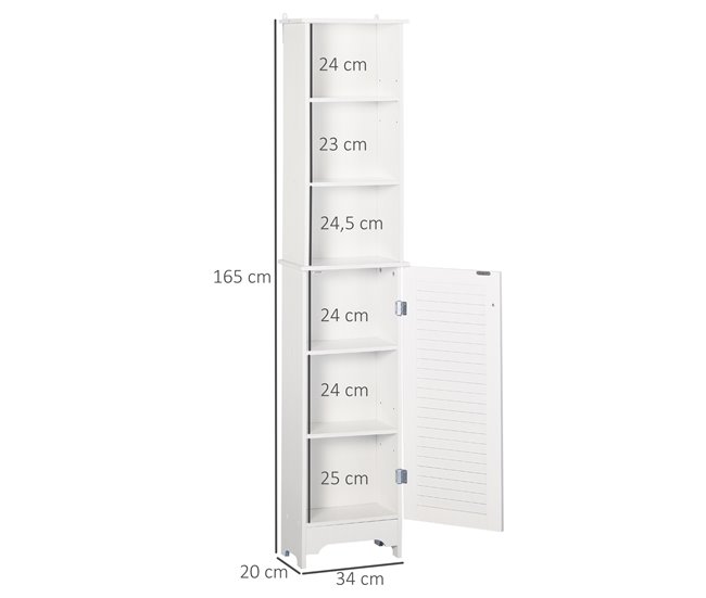 Conforama HOMCOM Armario Alto De Baño Con 1 Puerta 3 Estantes Abiertos Y Balda Interior Ajustable Mueble Auxiliar De Almacenaje Para Salón Aseo Dormitorio 34x20x165 Cm Blanco