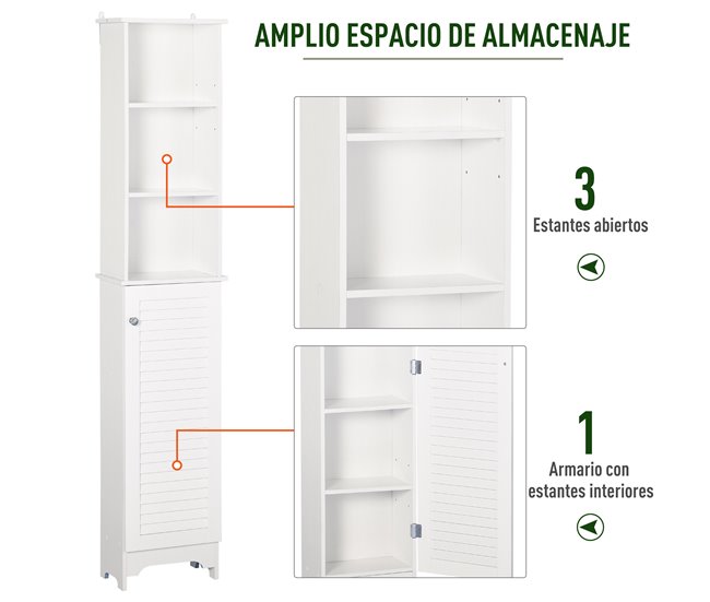 Conforama HOMCOM Armario Alto De Baño Con 1 Puerta 3 Estantes Abiertos Y Balda Interior Ajustable Mueble Auxiliar De Almacenaje Para Salón Aseo Dormitorio 34x20x165 Cm Blanco