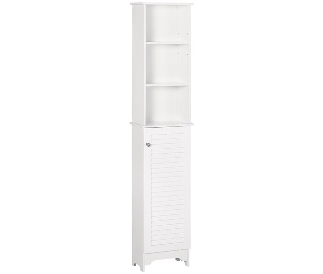 Conforama HOMCOM Armario Alto de Baño con 1 Puerta 3 Estantes Abiertos y Balda Interior Ajustable Mueble Auxiliar de Almacenaje para Salón Aseo Dormitorio 34x20x165 cm Blanco