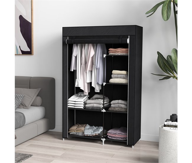Conforama HOMCOM Armario De Tela Plegable Armario De Ropa Organizador Ropero Portátil Con 6 Estantes Y 1 Barra Para Colgar Para Dormitorio Vestidor 103x43x162 5 Cm Negro