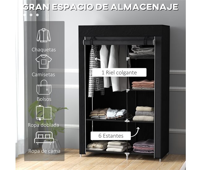 Conforama HOMCOM Armario De Tela Plegable Armario De Ropa Organizador Ropero Portátil Con 6 Estantes Y 1 Barra Para Colgar Para Dormitorio Vestidor 103x43x162 5 Cm Negro