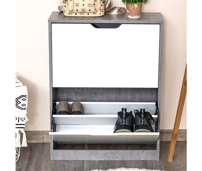 Conforama HOMCOM Armario De Zapatos Zapatero De Madera Con 2 Puertas Abatibles 4 Estantes De Almacenaje Capacidad De 8 Pares Para Entrada Pasillo Dormitorio 62 5x26x81 Cm Gris