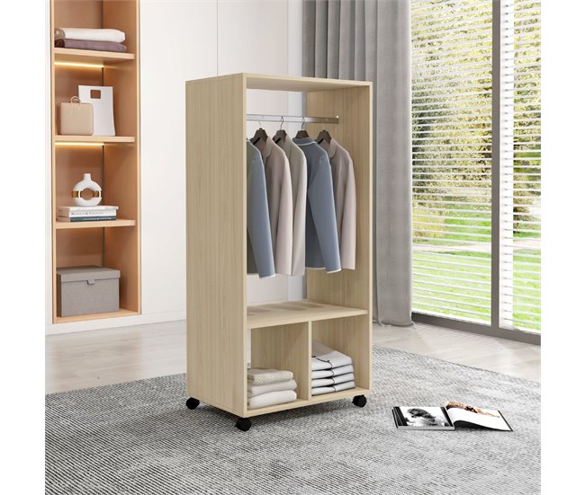 Conforama HOMCOM Armario Ropero Con Ruedas Armario Para Ropa Con Barra Estantes Abiertos Organizador Para Colgar Ropa De Dormitorio 60x40x128 Cm Natural