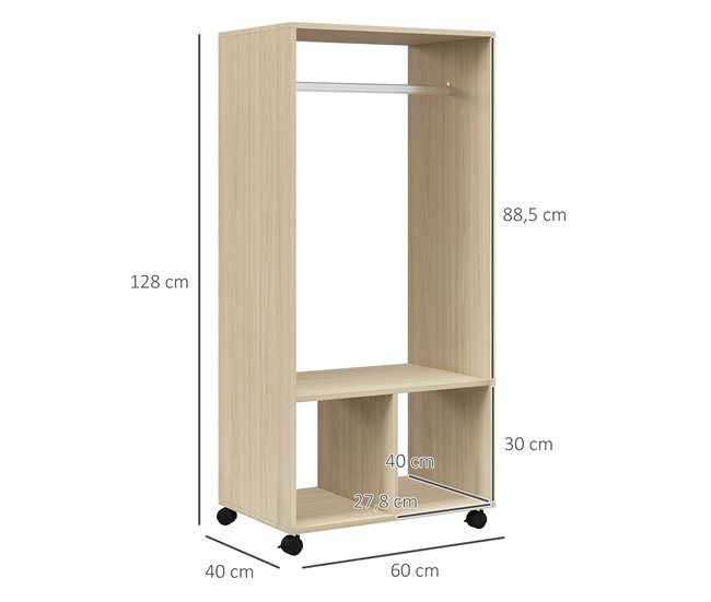 Conforama HOMCOM Armario Ropero Con Ruedas Armario Para Ropa Con Barra Estantes Abiertos Organizador Para Colgar Ropa De Dormitorio 60x40x128 Cm Natural
