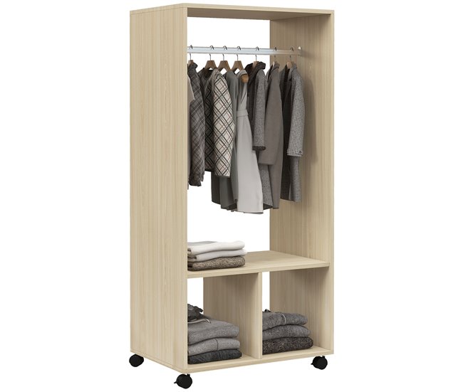 Conforama HOMCOM Armario Ropero con Ruedas Armario para Ropa con Barra Estantes Abiertos Organizador para Colgar Ropa de Dormitorio 60x40x128 cm Natural