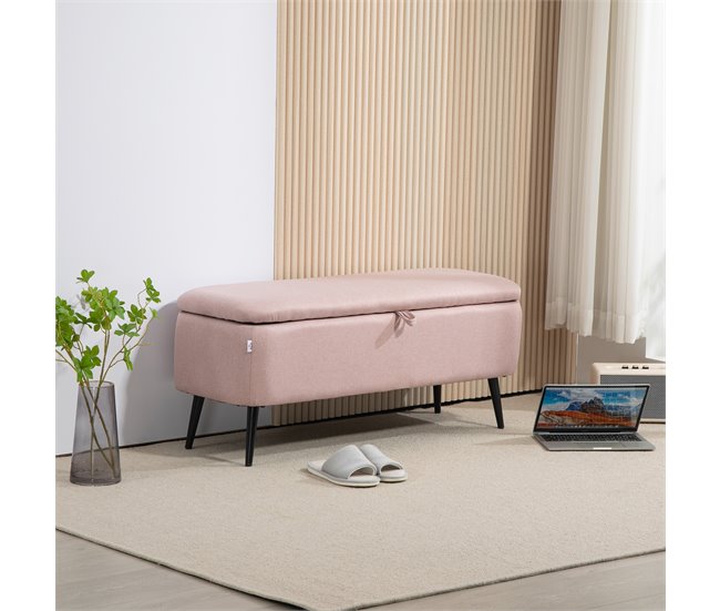 Conforama HOMCOM Banco De Almacenamiento Taburete De Almacenaje Tapizado En Lino Con Tapa Abatible Y Patas De Acero Para Dormitorio Salón Entrada Carga 150 Kg 101x38 5x44 5 Cm Rosa