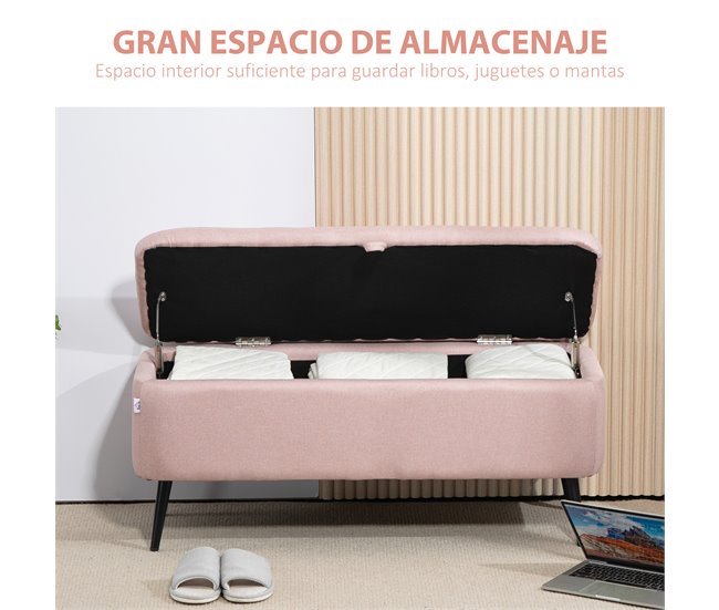 Conforama HOMCOM Banco De Almacenamiento Taburete De Almacenaje Tapizado En Lino Con Tapa Abatible Y Patas De Acero Para Dormitorio Salón Entrada Carga 150 Kg 101x38 5x44 5 Cm Rosa