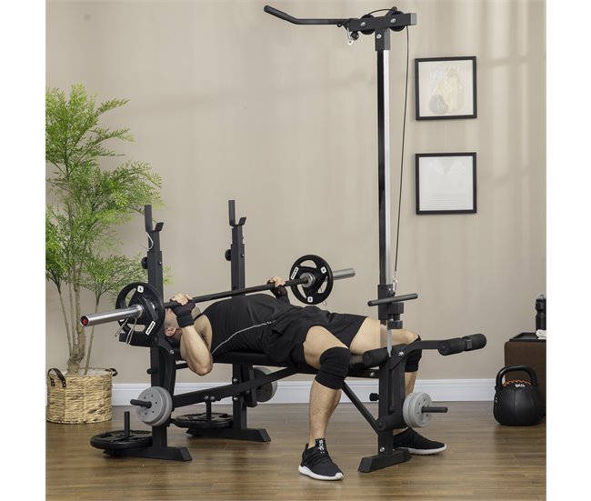 Conforama HOMCOM Banco De Pesas Multifuncional Banco De Musculación Ajustable En 6 Posiciones Para Entrenamiento De Cuerpo Completo En Gimnasio Casa Carga 150 Kg 180x134x200 Cm Plata Y Negro