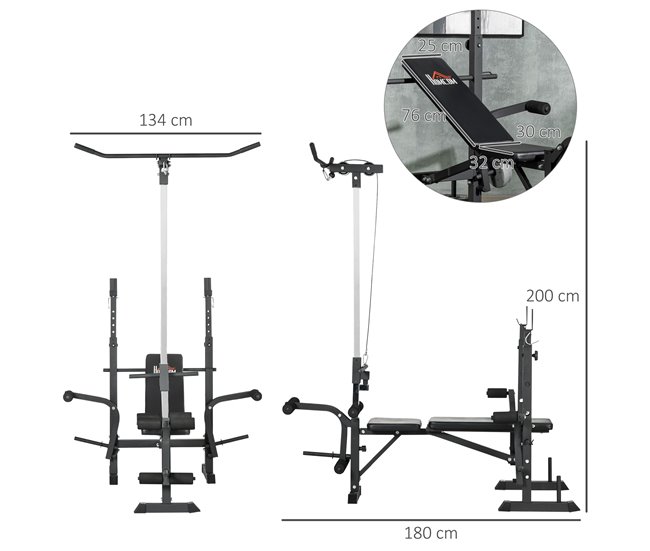 Conforama HOMCOM Banco De Pesas Multifuncional Banco De Musculación Ajustable En 6 Posiciones Para Entrenamiento De Cuerpo Completo En Gimnasio Casa Carga 150 Kg 180x134x200 Cm Plata Y Negro