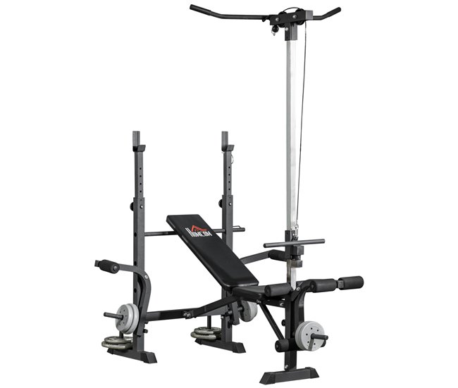 Conforama HOMCOM Banco de Pesas Multifuncional Banco de Musculación Ajustable en 6 Posiciones para Entrenamiento de Cuerpo Completo en Gimnasio Casa Carga 150 kg 180x134x200 cm Plata y Negro