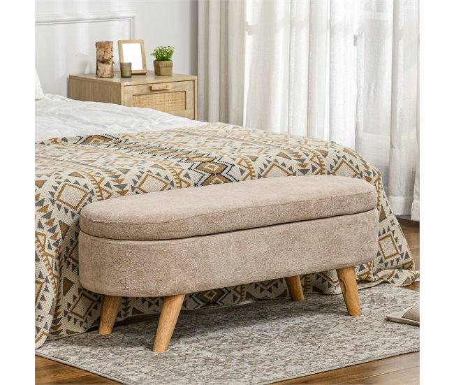 Conforama HOMCOM Banco Pie De Cama Banco De Almacenaje Con Patas De Madera Y Asiento Acolchado Carga 120 Kg Puff Almacenaje Ovalado Para Dormitorio Entrada Pasillo Beige