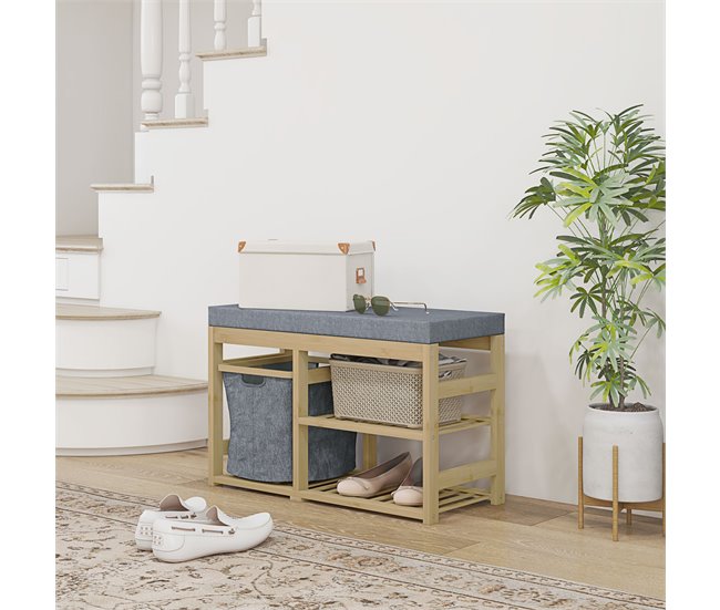 Conforama HOMCOM Banco Zapatero De Bambú Mueble Zapatero Con Asiento Cesta Extraíble Y Estantes Abiertos Para 4 Pares De Zapatos Banco Zapatero Para Entrada Recibidor Pasillo 69x30x45 Cm Natural