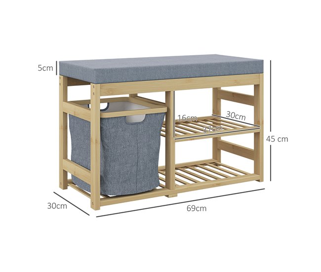 Conforama HOMCOM Banco Zapatero De Bambú Mueble Zapatero Con Asiento Cesta Extraíble Y Estantes Abiertos Para 4 Pares De Zapatos Banco Zapatero Para Entrada Recibidor Pasillo 69x30x45 Cm Natural