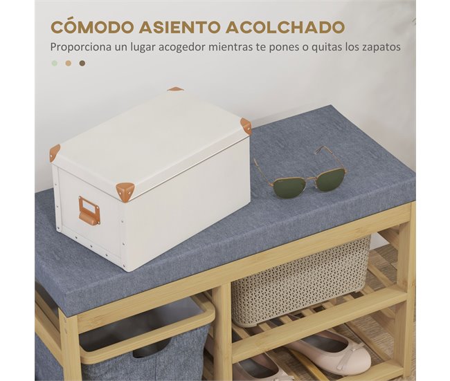 Conforama HOMCOM Banco Zapatero De Bambú Mueble Zapatero Con Asiento Cesta Extraíble Y Estantes Abiertos Para 4 Pares De Zapatos Banco Zapatero Para Entrada Recibidor Pasillo 69x30x45 Cm Natural