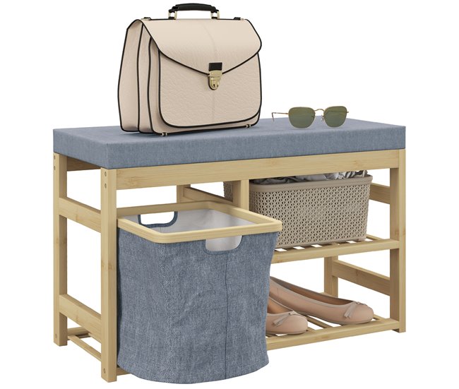 Conforama HOMCOM Banco Zapatero de Bambú Mueble Zapatero con Asiento Cesta Extraíble y Estantes Abiertos para 4 Pares de Zapatos Banco Zapatero para Entrada Recibidor Pasillo 69x30x45 cm Natural