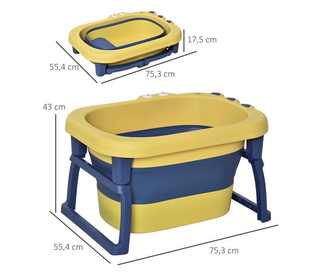 Conforama HOMCOM Bañera Plegable Para Bebé De 0-6 Años Capacidad 105L Bañera Portátil Para Niños Con Patas Antideslizantes Y Orificio De Drenaje Carga 50 Kg 75 3x55 4x43 Cm Amarillo Y Azul