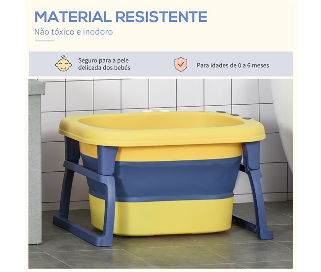 Conforama HOMCOM Bañera Plegable Para Bebé De 0-6 Años Capacidad 105L Bañera Portátil Para Niños Con Patas Antideslizantes Y Orificio De Drenaje Carga 50 Kg 75 3x55 4x43 Cm Amarillo Y Azul