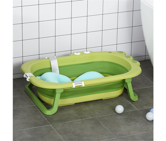 Conforama HOMCOM Bañera Plegable Para Bebé Recién Nacido Hasta 3 Años 50 Litros Con Cojín Cómodo Y Patas Plegables Carga 50 Kg 80x53 9x20 8 Cm Verde