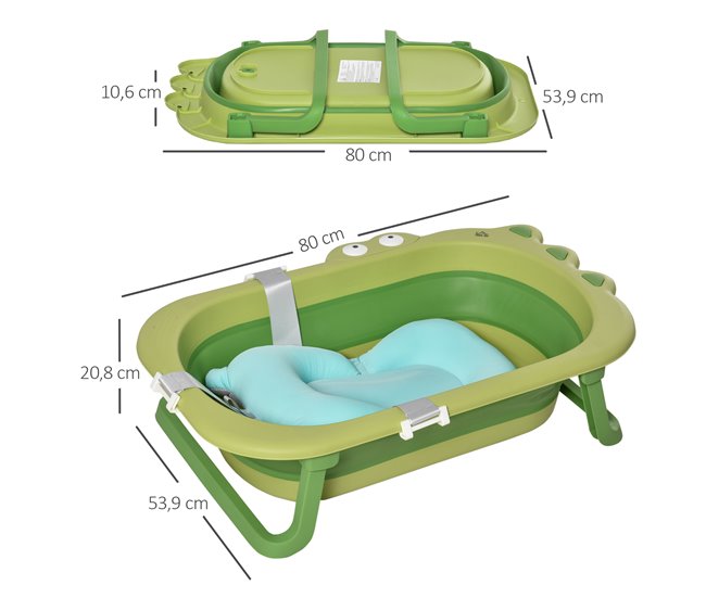 Conforama HOMCOM Bañera Plegable Para Bebé Recién Nacido Hasta 3 Años 50 Litros Con Cojín Cómodo Y Patas Plegables Carga 50 Kg 80x53 9x20 8 Cm Verde