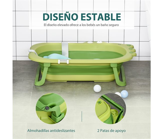 Conforama HOMCOM Bañera Plegable Para Bebé Recién Nacido Hasta 3 Años 50 Litros Con Cojín Cómodo Y Patas Plegables Carga 50 Kg 80x53 9x20 8 Cm Verde