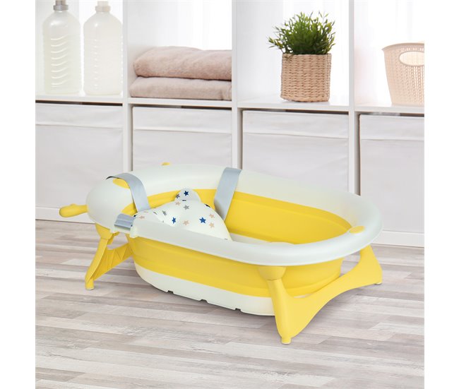 Conforama HOMCOM Bañera Plegable Para Bebé Recién Nacido Hasta 3 Años 35 Litros Con Tapón Termosensible Cojín Y Almohadillas Antideslizantes 81 5x50 5x23 5 Cm Amarillo