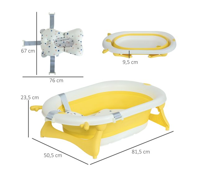 Conforama HOMCOM Bañera Plegable Para Bebé Recién Nacido Hasta 3 Años 35 Litros Con Tapón Termosensible Cojín Y Almohadillas Antideslizantes 81 5x50 5x23 5 Cm Amarillo