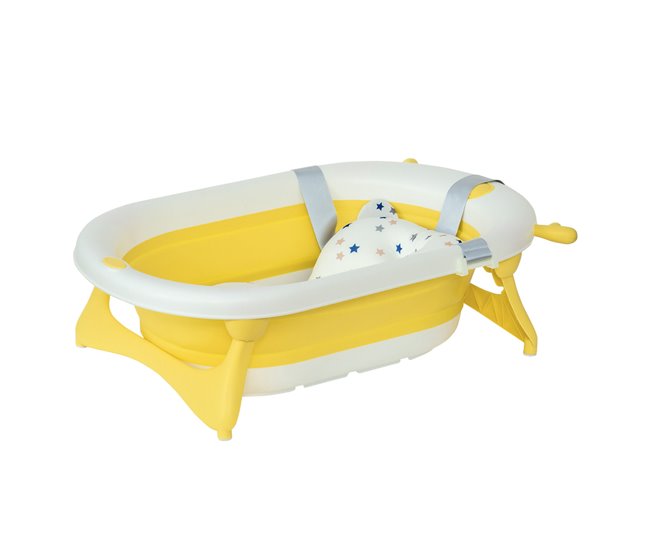 Conforama HOMCOM Bañera Plegable para Bebé Recién Nacido hasta 3 Años 35 Litros con Tapón Termosensible Cojín y Almohadillas Antideslizantes 81 5x50 5x23 5 cm Amarillo