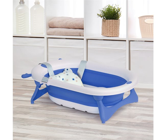 Conforama HOMCOM Bañera Plegable Para Bebé Recién Nacido Hasta 3 Años 35 Litros Con Tapón Termosensible Cojín Y Almohadillas Antideslizantes 81 5x50 5x23 5 Cm Azul