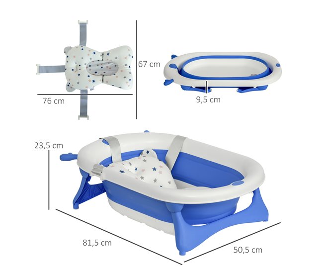 Conforama HOMCOM Bañera Plegable Para Bebé Recién Nacido Hasta 3 Años 35 Litros Con Tapón Termosensible Cojín Y Almohadillas Antideslizantes 81 5x50 5x23 5 Cm Azul