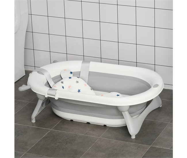 Conforama HOMCOM Bañera Plegable Para Bebé Recién Nacido Hasta 3 Años 81 5x50 5x23 5 Cm Con Tapón Termosensible Cojín Y Almohadillas Antideslizantes Gris