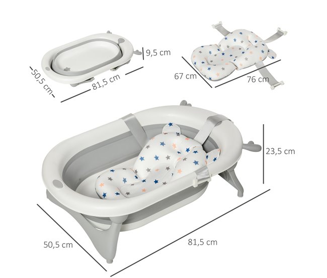 Conforama HOMCOM Bañera Plegable Para Bebé Recién Nacido Hasta 3 Años 81 5x50 5x23 5 Cm Con Tapón Termosensible Cojín Y Almohadillas Antideslizantes Gris