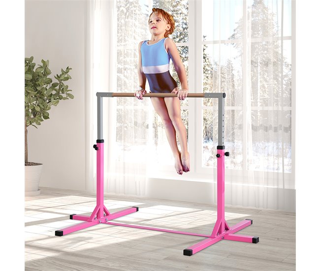 Conforama HOMCOM Barra De Gimnasia Para Niños De +3 Años Barra De Entrenamiento Con Altura Ajustable 92-150 Cm Barra Horizontal De Gimnasia Carga 75 Kg 197x121x150 Cm Rosa