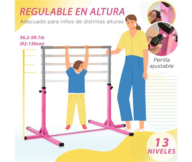 Conforama HOMCOM Barra De Gimnasia Para Niños De +3 Años Barra De Entrenamiento Con Altura Ajustable 92-150 Cm Barra Horizontal De Gimnasia Carga 75 Kg 197x121x150 Cm Rosa