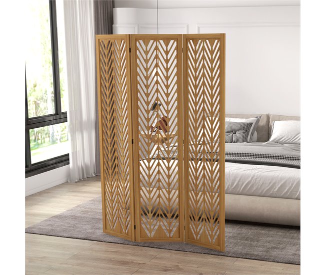 Conforama HOMCOM Biombo De 3 Paneles Separador De Ambientes Plegable 120x1 7x170 Cm Divisor De Habitación De Madera Con Patrones Geométricos Para Oficina Dormitorio Natural