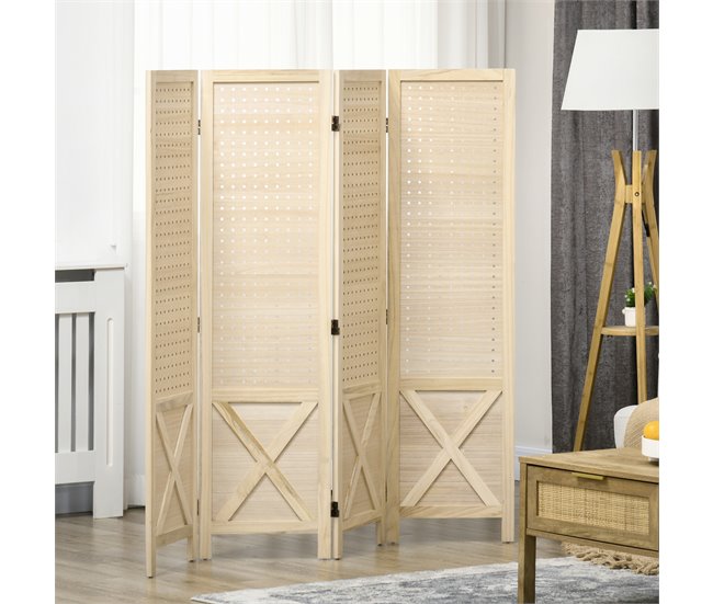 Conforama HOMCOM Biombo De 4 Paneles Separador De Ambientes Plegable 152x1 7x144 5 Cm Divisor De Habitación De Madera Con Pantalla De Privacidad Agujeros Para Colgar Para Oficina Dormitorio Salón Natural