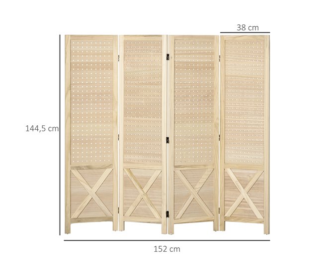 Conforama HOMCOM Biombo De 4 Paneles Separador De Ambientes Plegable 152x1 7x144 5 Cm Divisor De Habitación De Madera Con Pantalla De Privacidad Agujeros Para Colgar Para Oficina Dormitorio Salón Natural