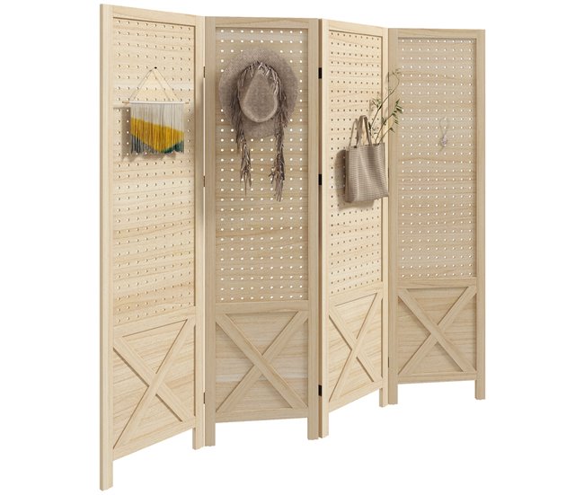 Conforama HOMCOM Biombo de 4 Paneles Separador de Ambientes Plegable 152x1 7x144 5 cm Divisor de Habitación de Madera con Pantalla de Privacidad Agujeros para Colgar para Oficina Dormitorio Salón Natural