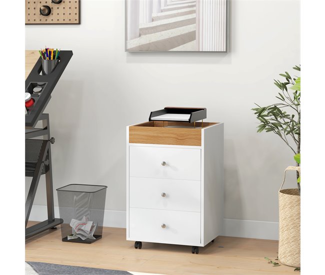 Conforama HOMCOM Cajonera De Oficina Mueble Archivador Con 4 Ruedas 3 Cajones Y 1 Bandeja Extraíble Carga 30 Kg Para Estudio Salón 43x40x66 5 Cm Blanco Y Natural