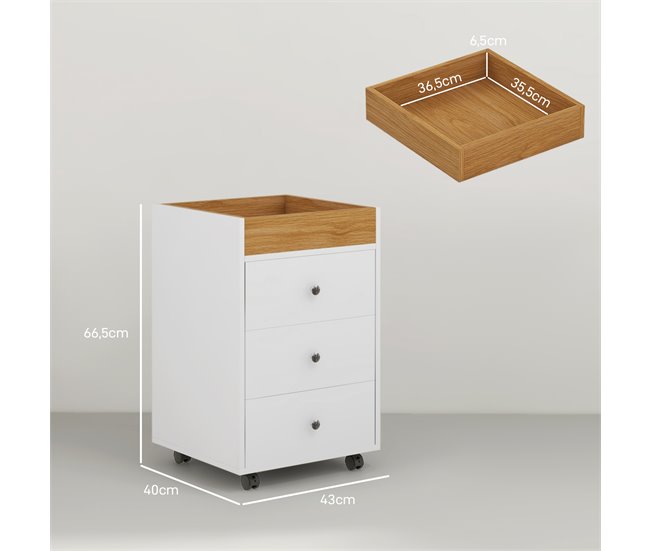 Conforama HOMCOM Cajonera De Oficina Mueble Archivador Con 4 Ruedas 3 Cajones Y 1 Bandeja Extraíble Carga 30 Kg Para Estudio Salón 43x40x66 5 Cm Blanco Y Natural
