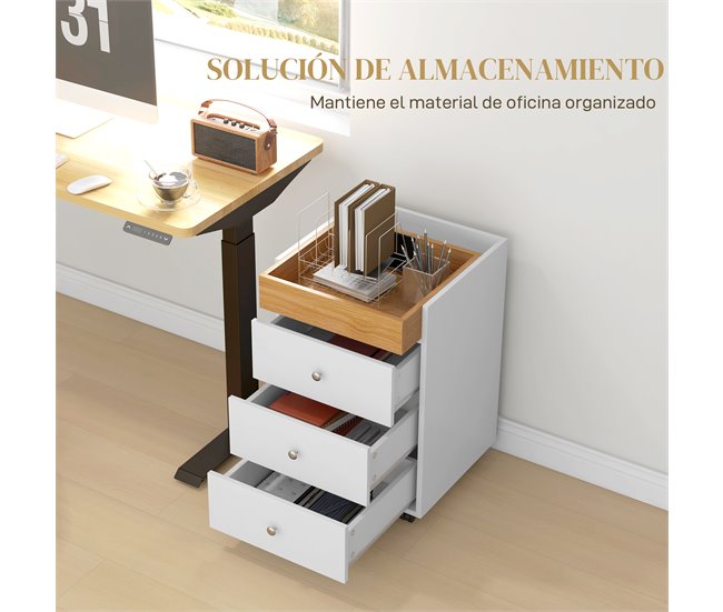 Conforama HOMCOM Cajonera De Oficina Mueble Archivador Con 4 Ruedas 3 Cajones Y 1 Bandeja Extraíble Carga 30 Kg Para Estudio Salón 43x40x66 5 Cm Blanco Y Natural